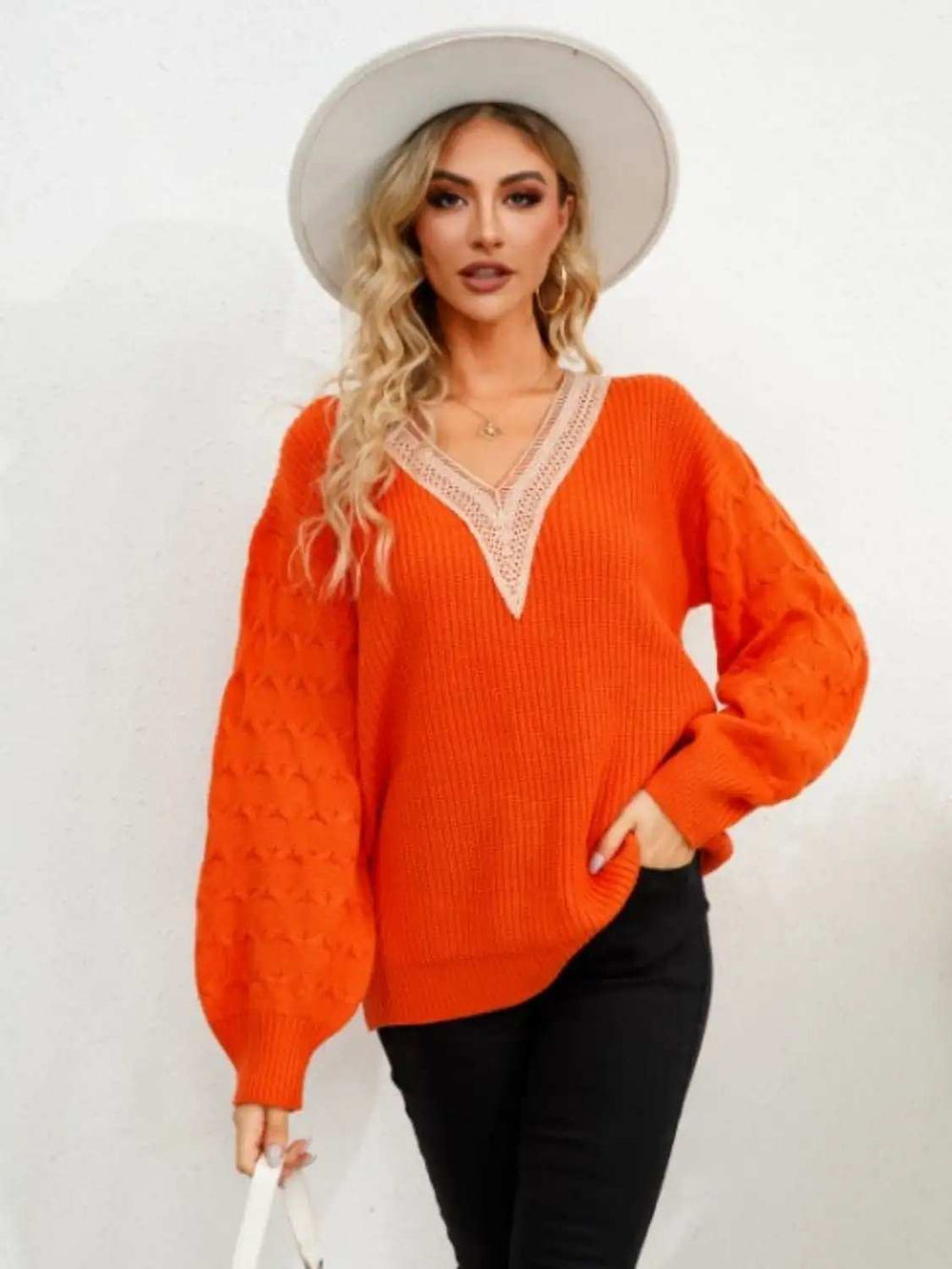 V-Neck Dropped Shoulder Long Sleeve Sweater - Trendsi - Flyclothing LLC