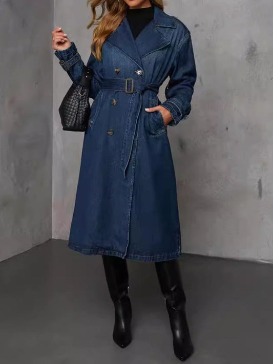 Button Up Long Sleeve Longline Denim Jacket - Trendsi
