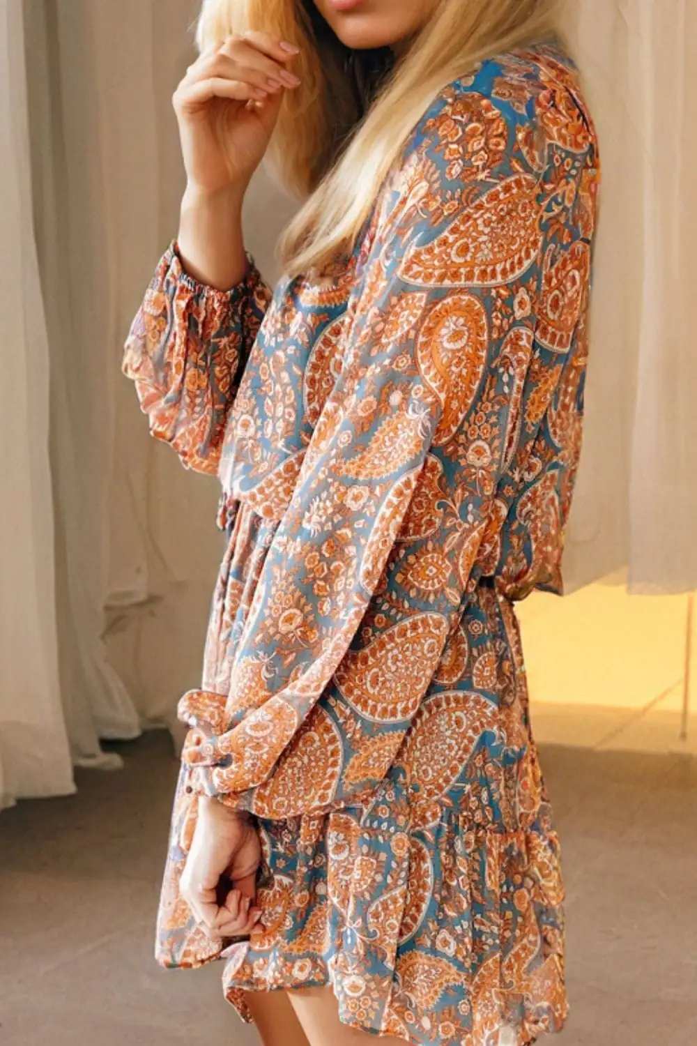 Ruffle Hem Printed Long Sleeve Dress - Trendsi - Flyclothing LLC