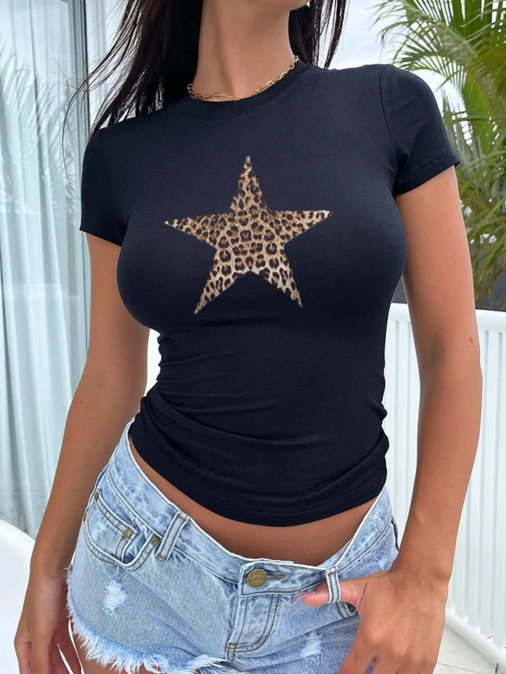 Devine Star Round Neck Short Sleeve T-Shirt - Trendsi - Flyclothing LLC