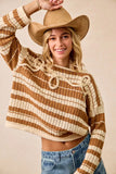 BiBi Striped Open Knit Sweater Top with Front Braided Detail - Trendsi - Flyclothing LLC