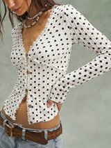 Polka Dot Button Down Textured Long Sleeve Blouse - Trendsi - Flyclothing LLC