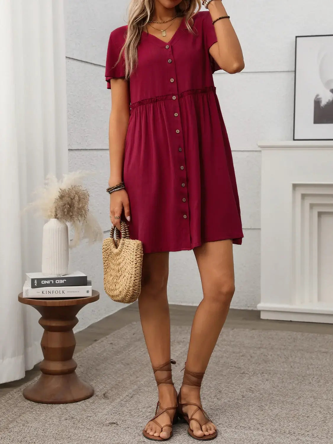Button Front Flutter Sleeve Dress - Trendsi - Flyclothing LLC