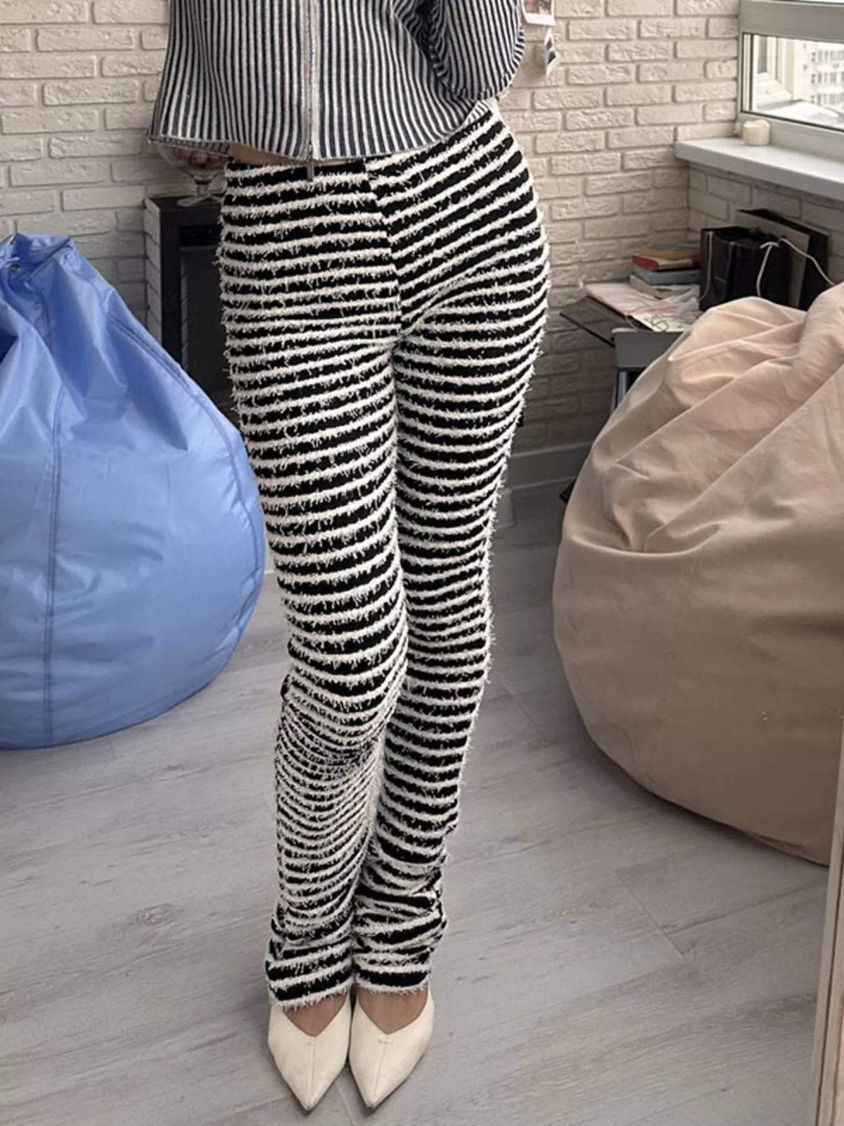 Striped Fuzzy Textured Knit Pants - Trendsi - Flyclothing LLC