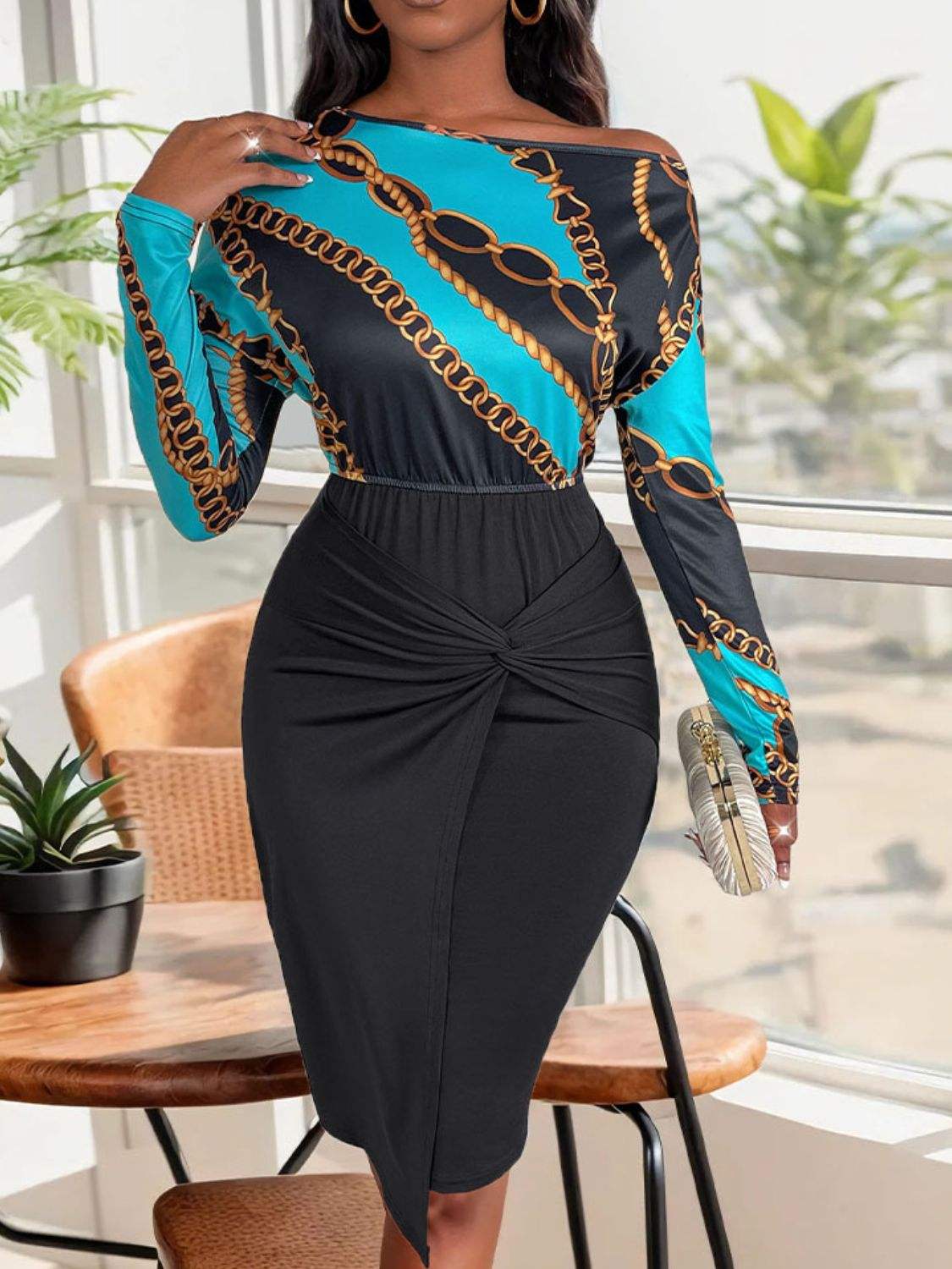 Perfee Twisted Printed Long Sleeve Dress - Trendsi - Flyclothing LLC