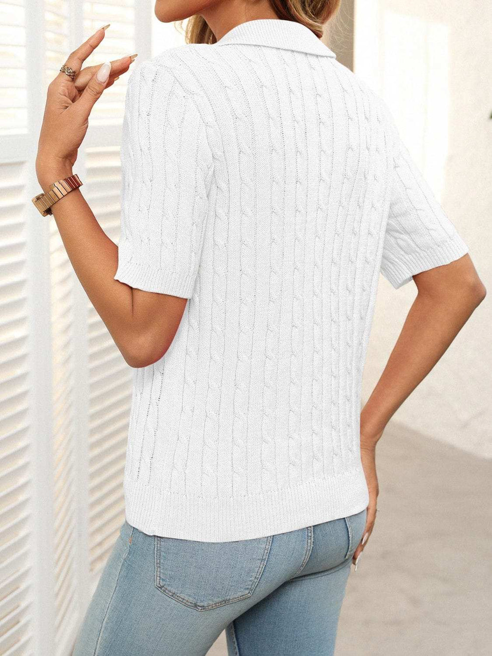 Mandy Cable Knit Johnny Collar Half Sleeve Sweater - Trendsi - Flyclothing LLC