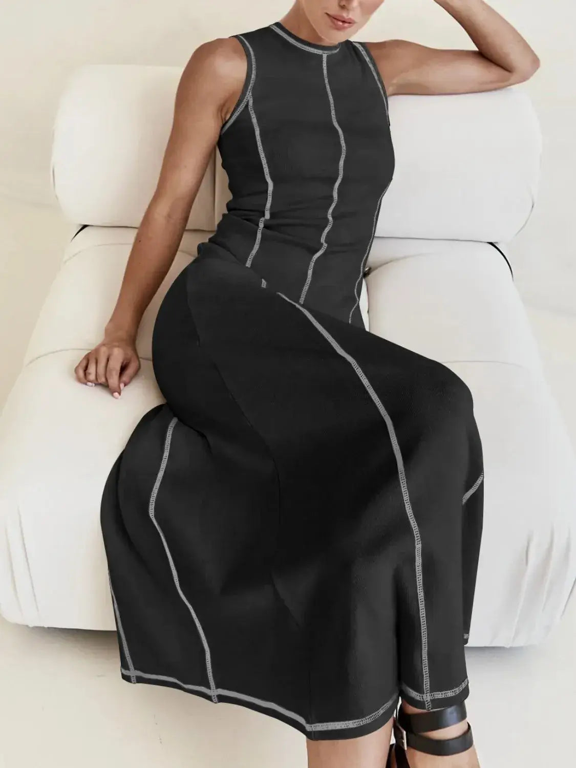Contrast Stitching Round Neck Sleeveless Midi Dress - Trendsi - Flyclothing LLC
