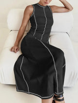 Contrast Stitching Round Neck Sleeveless Midi Dress - Trendsi - Flyclothing LLC