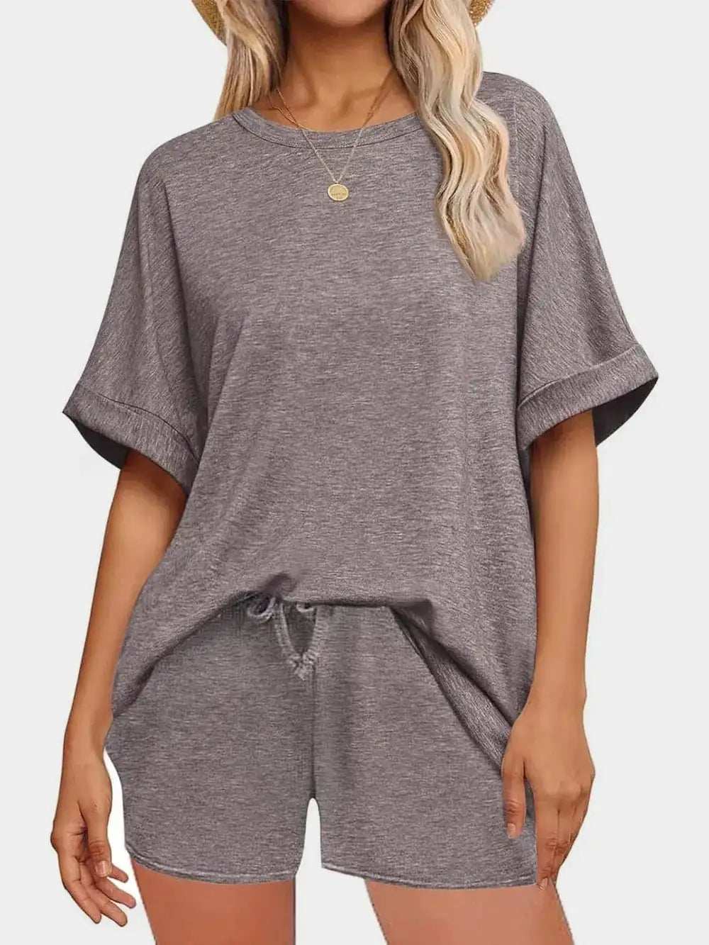 Round Neck T-Shirt and Drawstring Shorts Set - Trendsi - Flyclothing LLC