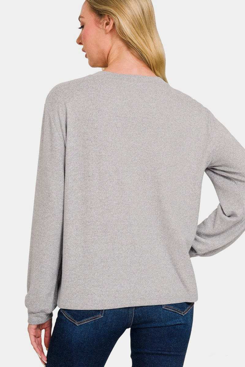 Zenana Hacci Round Neck Long Sleeve T-Shirt - Trendsi - Flyclothing LLC