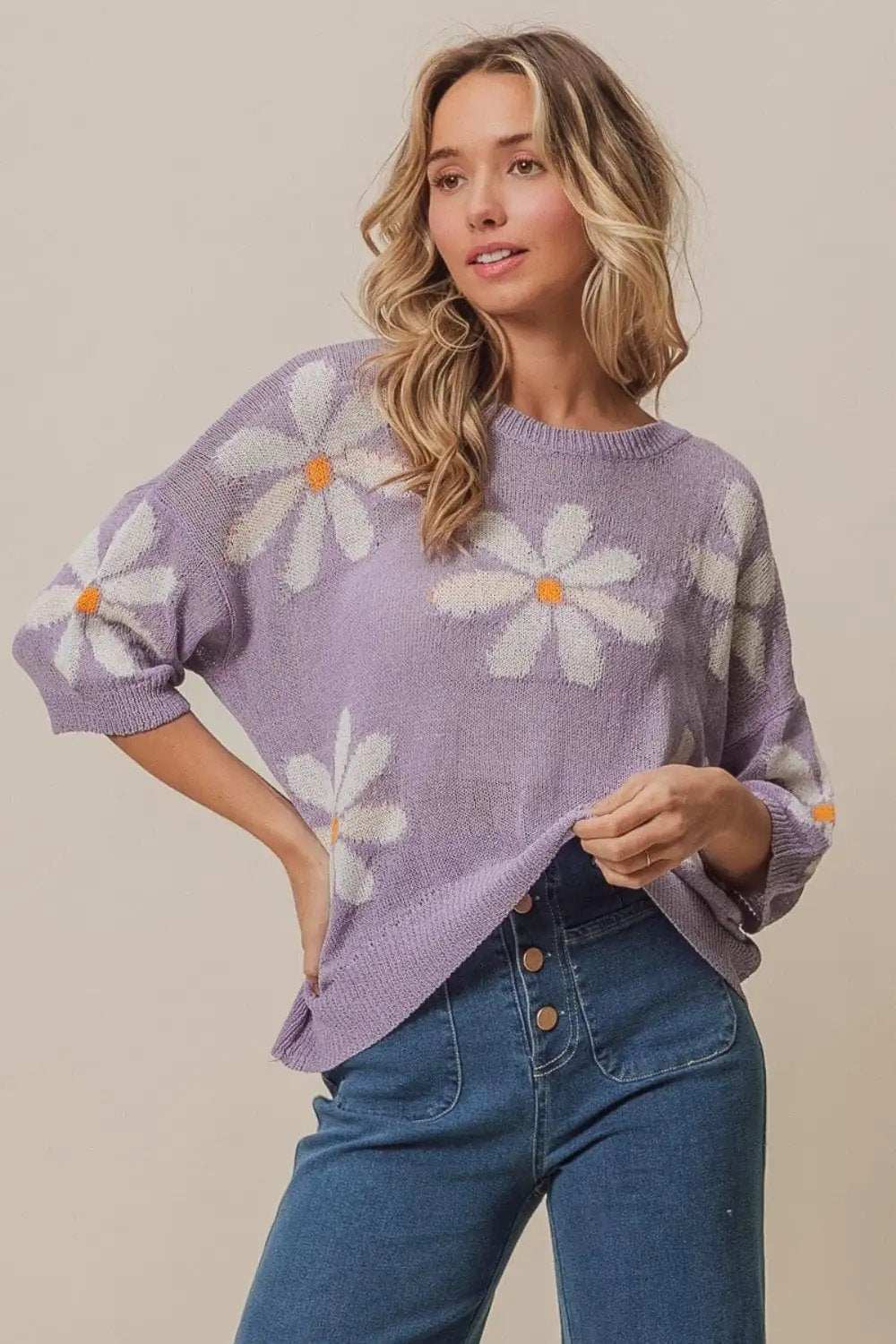 BiBi Floral Pattern Slit Sweater - Trendsi - Flyclothing LLC
