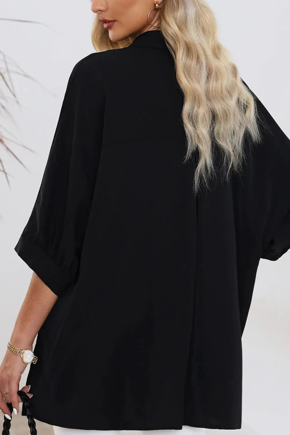 Collared Neck Three-Quarter Sleeve Shirt - Trendsi - Flyclothing LLC