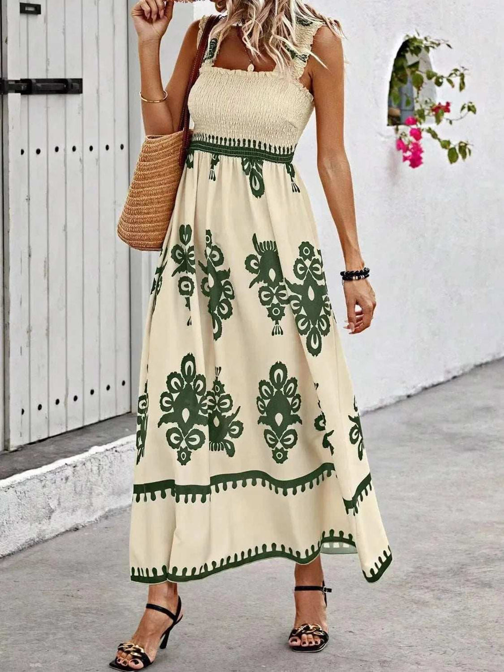 Smocked Printed Wide Strap Maxi Dress - Trendsi - Flyclothing LLC