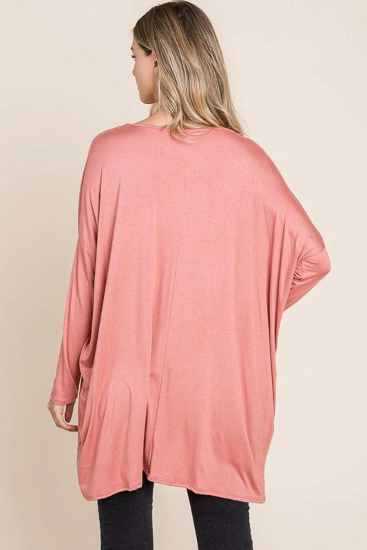 BOMBOM Round Neck Long Sleeve Oversized Top - Trendsi - Flyclothing LLC