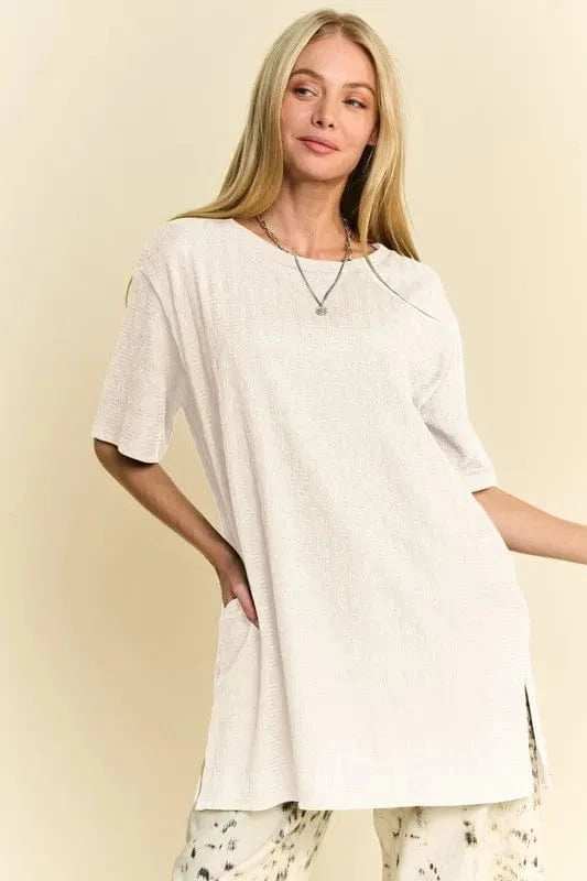 Davi & Dani Short Sleeve Side Slit T-Shirt with Pockets - Trendsi - Flyclothing LLC