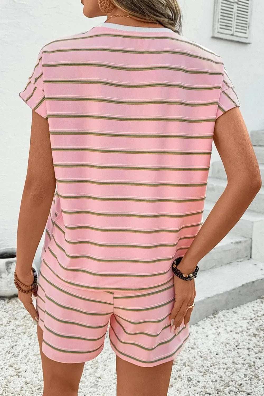 Stripe Wide Short Sleeve Tee and Short Set - Trendsi - Flyclothing LLC