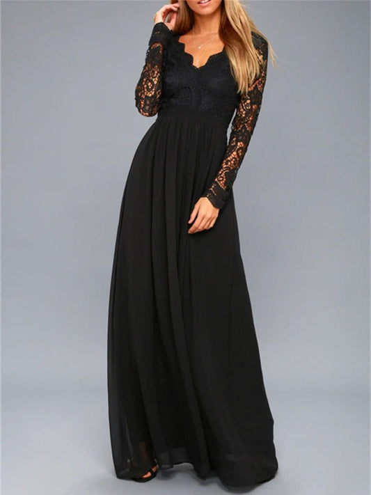 Lace Detail Backless Long Sleeve Maxi Dress - Trendsi