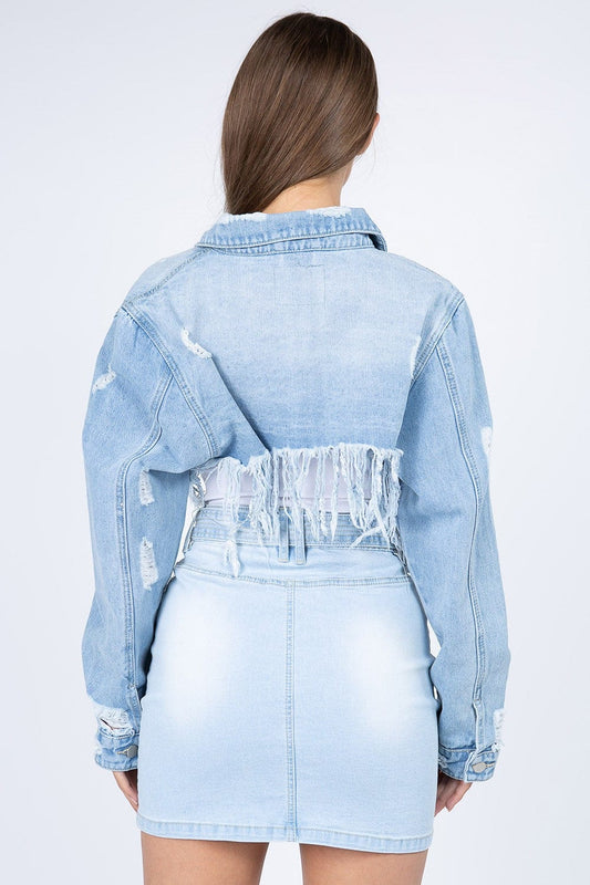 American Bazi Distressed Denim Jacket with Frayed Hem - Trendsi