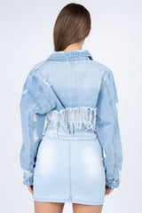 American Bazi Distressed Denim Jacket with Frayed Hem - Trendsi