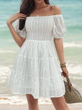 Smocked Eyelet Off-Shoulder Mini Dress - Trendsi
