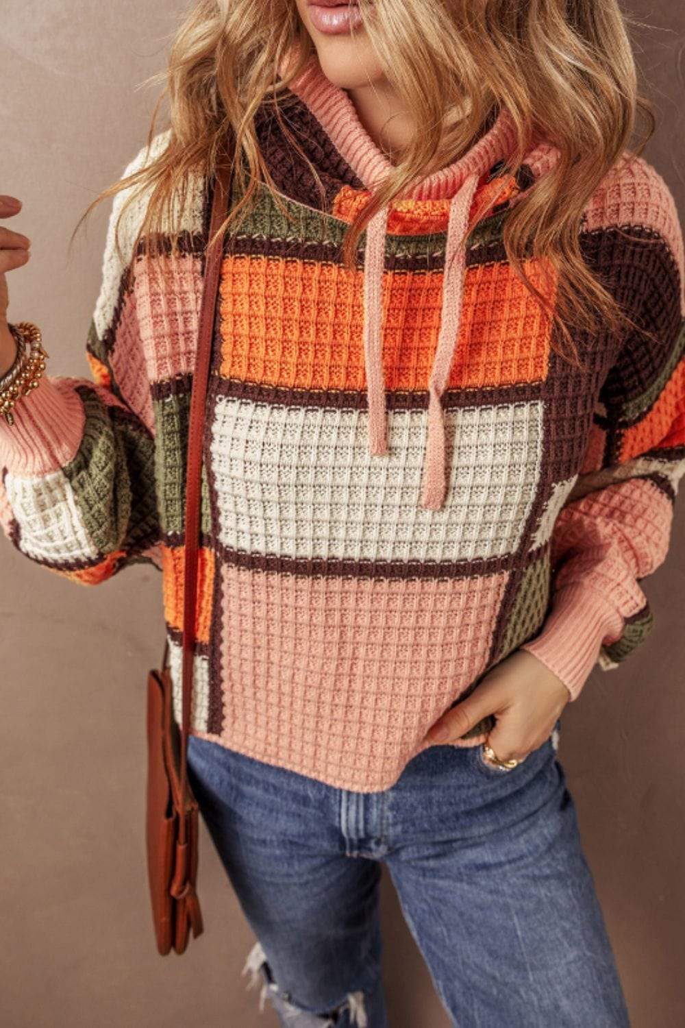 Drawstring Color Block Mock Neck Sweater - Trendsi - Flyclothing LLC