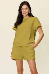 Double Take Full Size Texture Short Sleeve T-Shirt and Drawstring Shorts Set - Trendsi - Flyclothing LLC