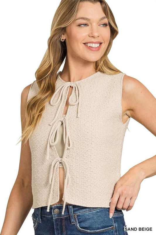 Zenana Tie Front Cropped Sweater Vest - Trendsi - Flyclothing LLC