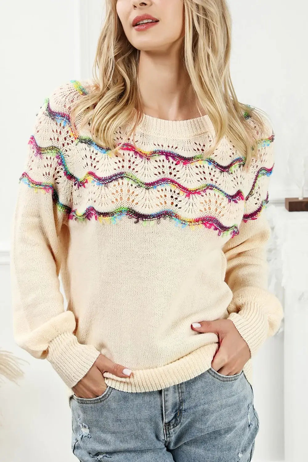 Openwork Wavy Striped Round Neck Sweater - Trendsi - Flyclothing LLC