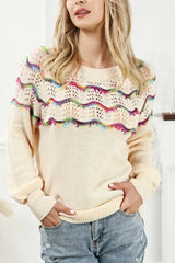Openwork Wavy Striped Round Neck Sweater - Trendsi - Flyclothing LLC