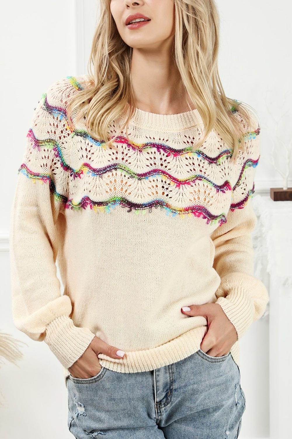 Openwork Wavy Striped Round Neck Sweater - Trendsi