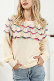 Openwork Wavy Striped Round Neck Sweater - Trendsi