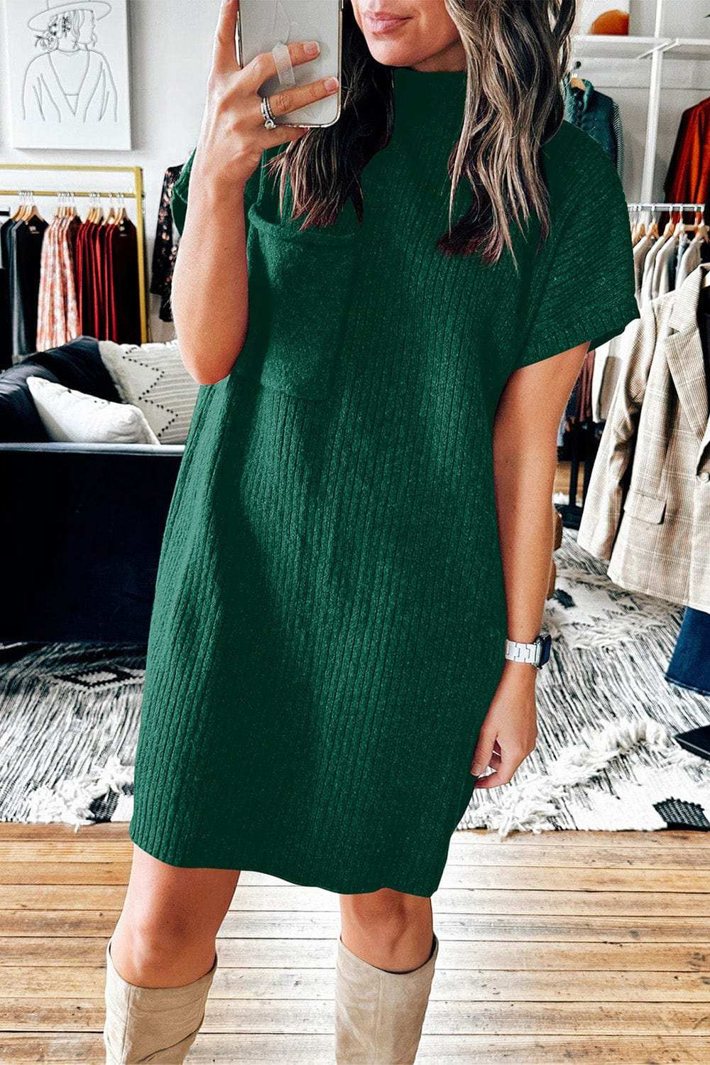 Mock Neck Short Sleeve Sweater Dress - Trendsi - Flyclothing LLC