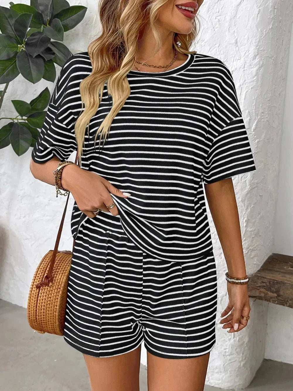 Striped Round Neck Short Sleeve Top and Shorts Set - Trendsi - Flyclothing LLC