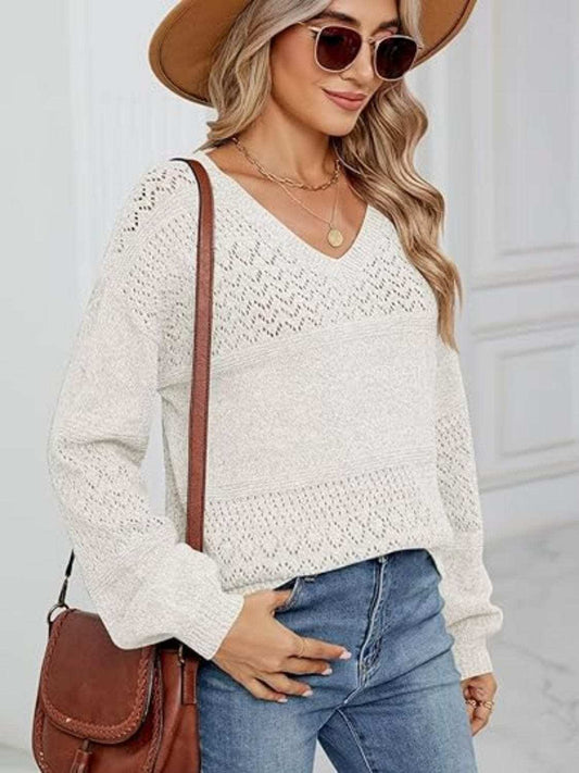 Eyelet V-Neck Long Sleeve Sweater - Trendsi - Flyclothing LLC