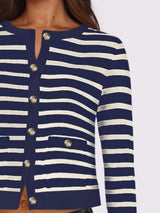 Striped Round Neck Button Up Long Sleeve Cardigan - Trendsi - Flyclothing LLC