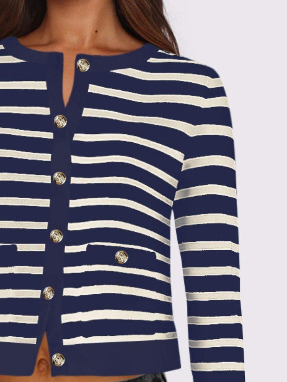 Striped Round Neck Button Up Long Sleeve Cardigan - Trendsi - Flyclothing LLC