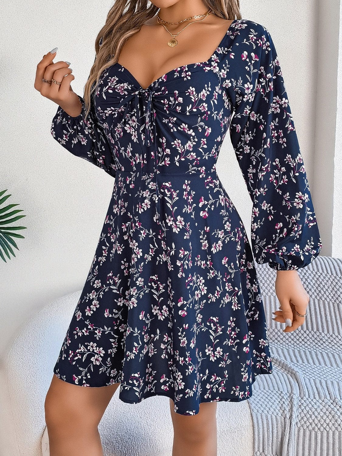 Printed Sweetheart Neck Balloon Sleeve Mini Dress - Trendsi