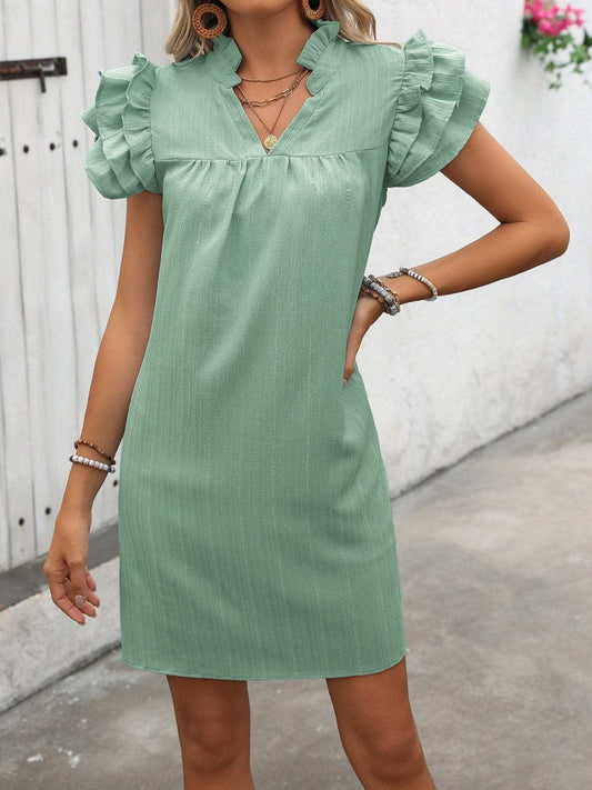 Ruffled Notched Cap Sleeve Mini Dress - Trendsi - Flyclothing LLC