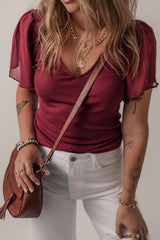 Mesh Short Sleeve Slim V-Neck Top - Trendsi - Flyclothing LLC