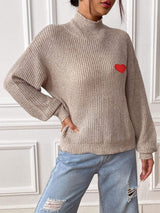 Heart Turtleneck Dropped Shoulder Long Sleeve Sweater - Trendsi - Flyclothing LLC