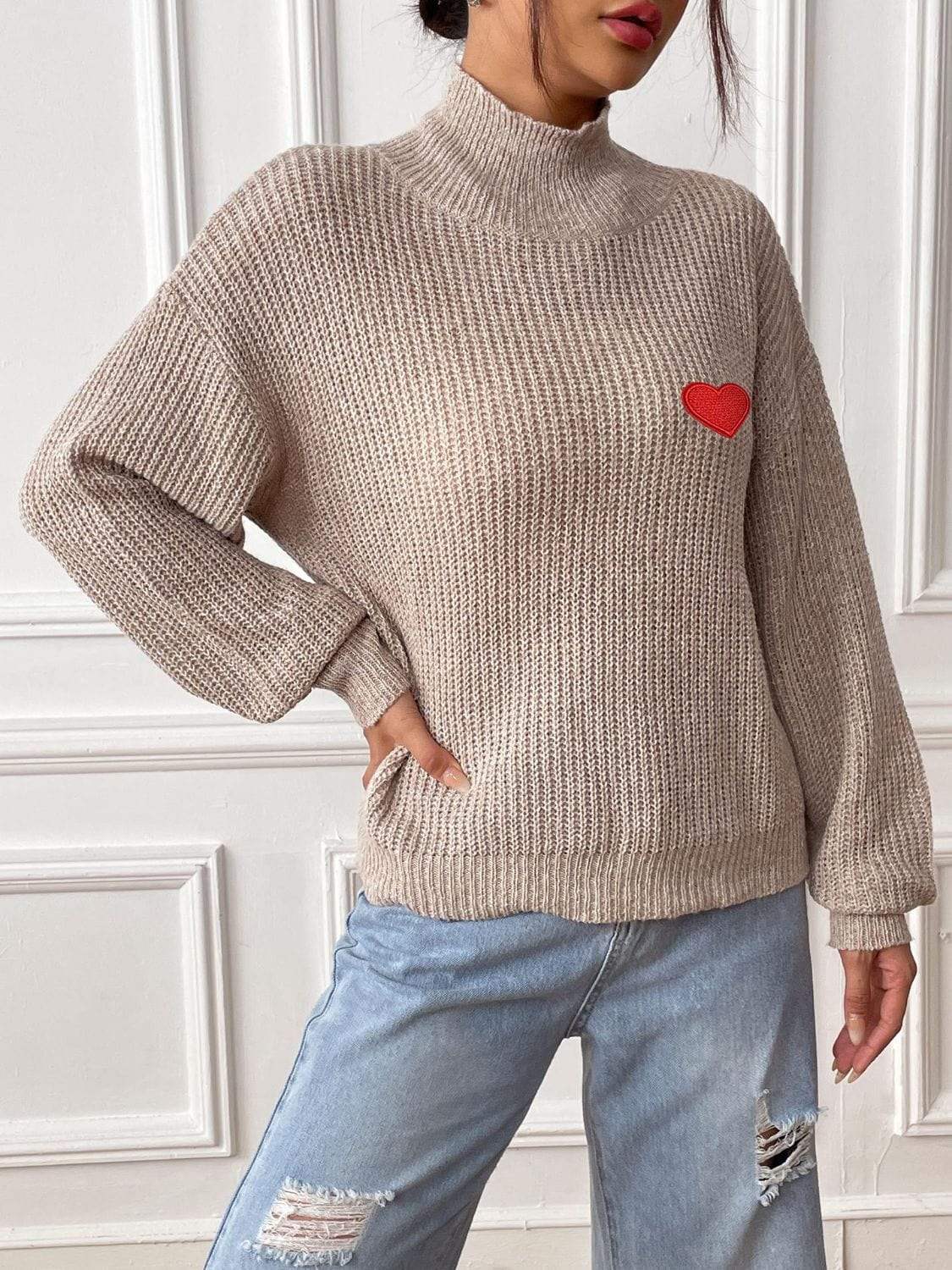 Heart Turtleneck Dropped Shoulder Long Sleeve Sweater - Trendsi - Flyclothing LLC