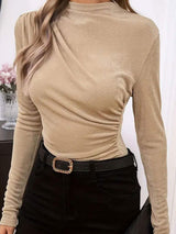 Ruched Mock Neck Long Sleeve T-Shirt - Trendsi - Flyclothing LLC