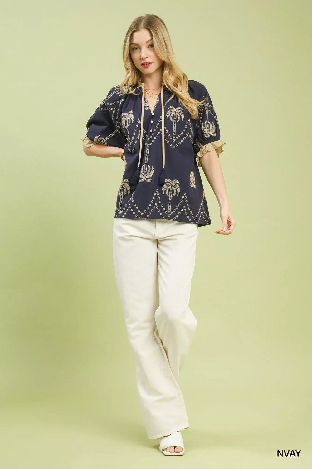Umgee Embroidered Palm Print Tassel Tie Blouse - Trendsi - Flyclothing LLC