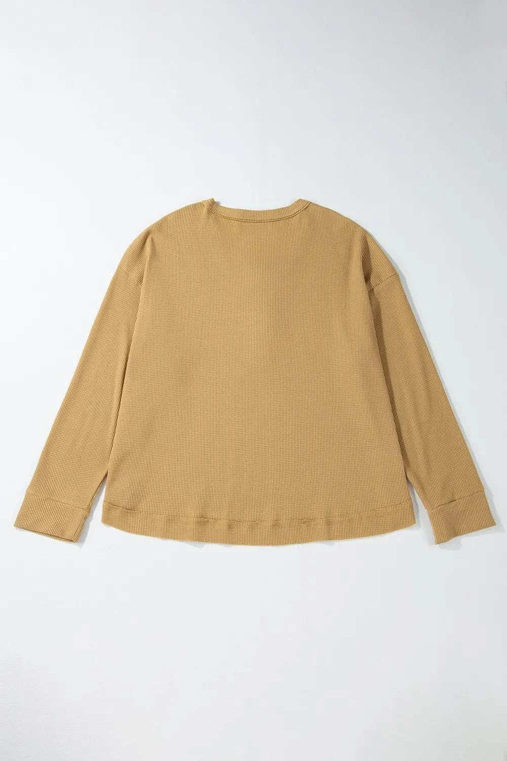 Waffle-Knit Half Button Round Neck Long Sleeve Top - Trendsi - Flyclothing LLC