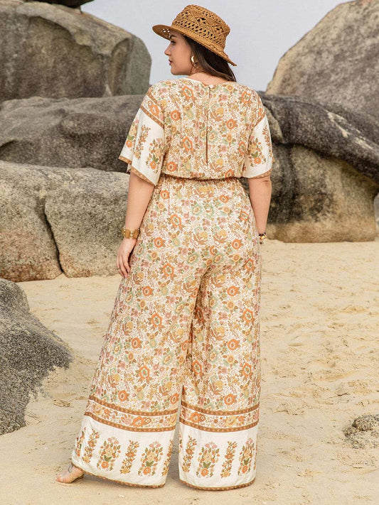 Plus Size V-Neck Flutter Sleeve Wide Leg Jumpsuit - Trendsi - Flyclothing LLC