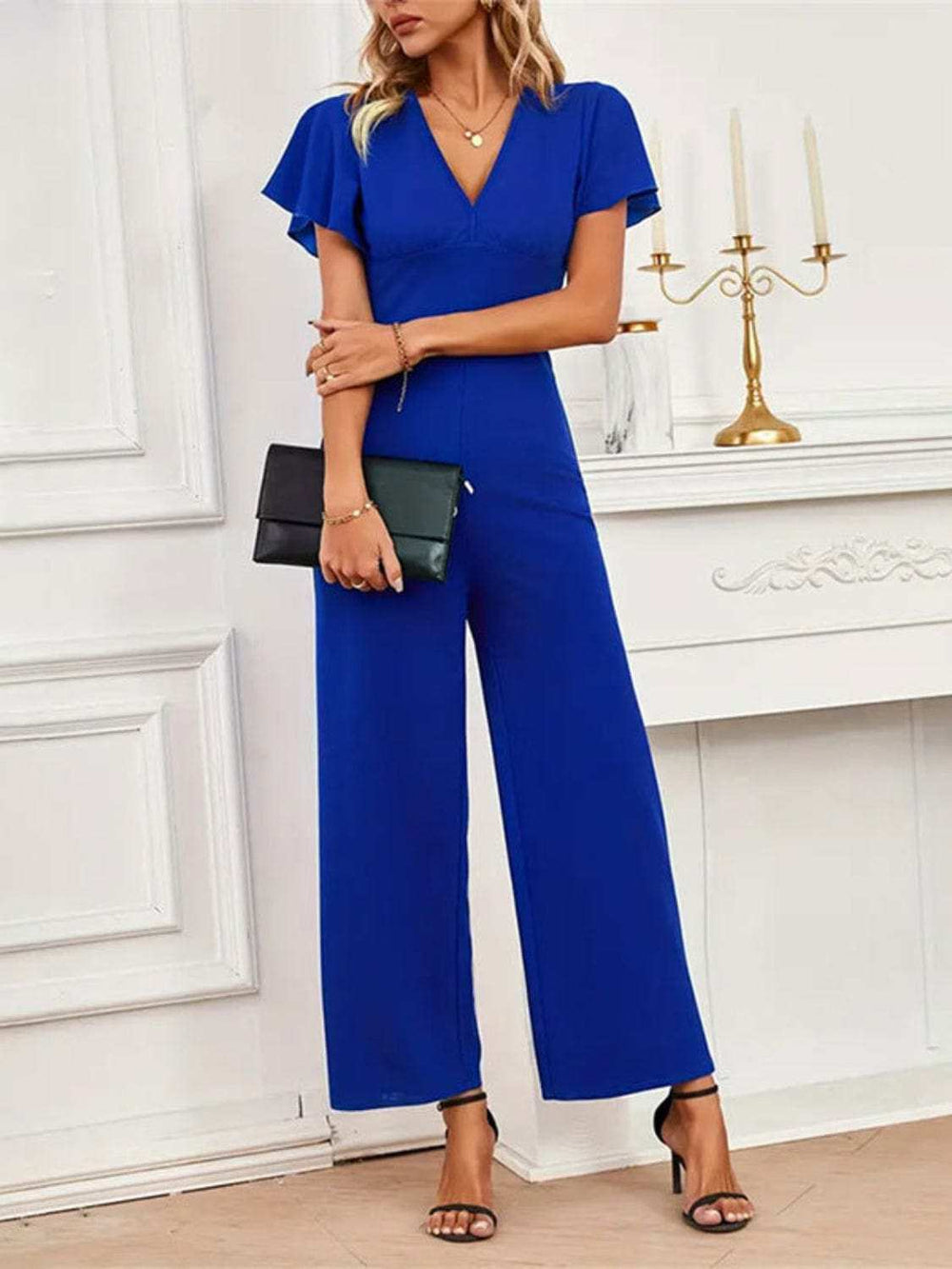 V-Neck Flutter Sleeve Jumpsuit - Trendsi - Flyclothing LLC