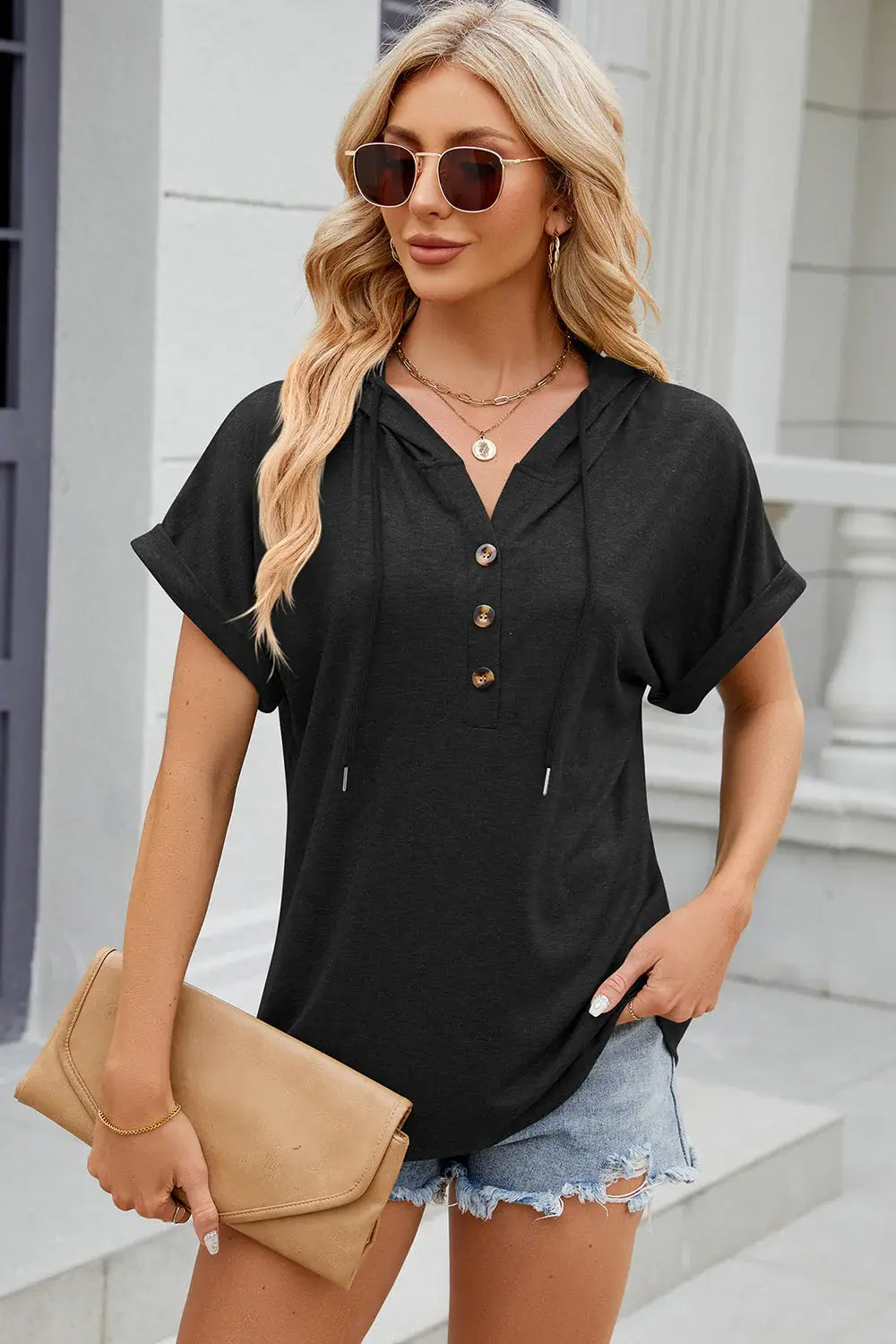 Florira Hooded Short Sleeve T-Shirt - Trendsi - Flyclothing LLC
