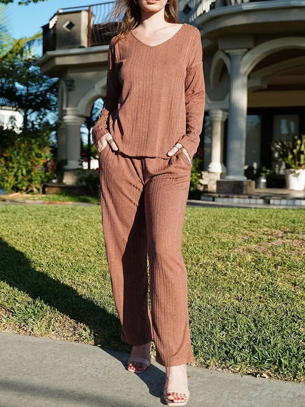 V-Neck Long Sleeve Top and Pants Set - Trendsi - Flyclothing LLC