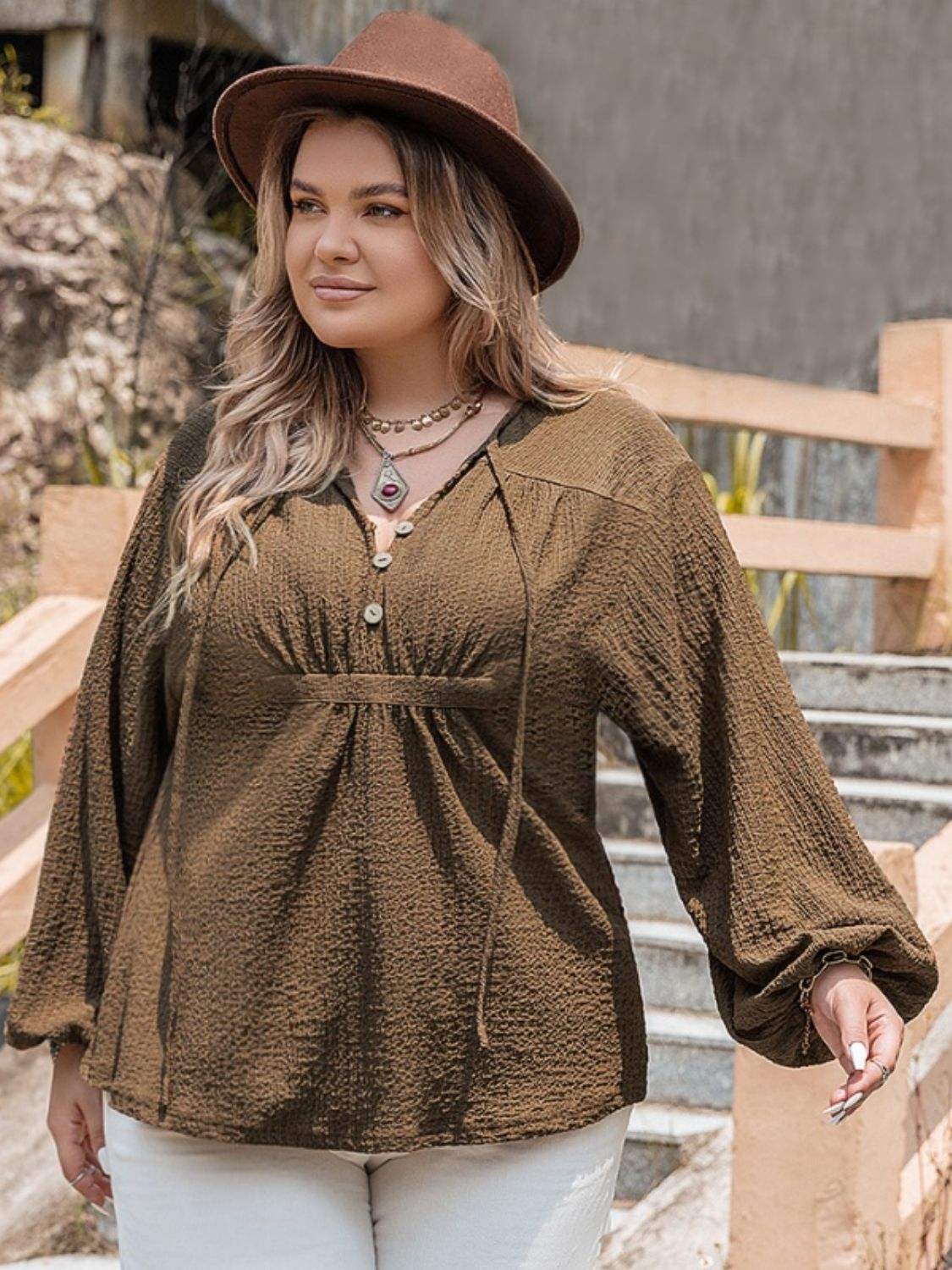Plus Size Tie Neck Long Sleeve Blouse - Trendsi - Flyclothing LLC