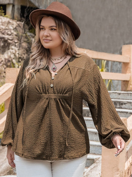 Plus Size Tie Neck Long Sleeve Blouse - Trendsi